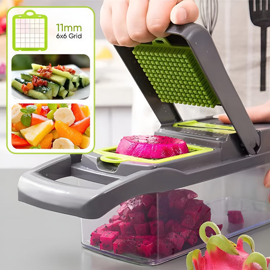 16-in-1 Multifunctional Vegetable Chopper & Slicer with Colander Basket and Storage Container – Heavy Duty Manual Food Cutter & Dicer