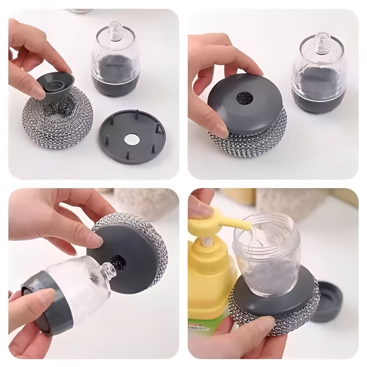 Soap Dispensing Kitchen Scrubber Brush with Steel Wire Ball