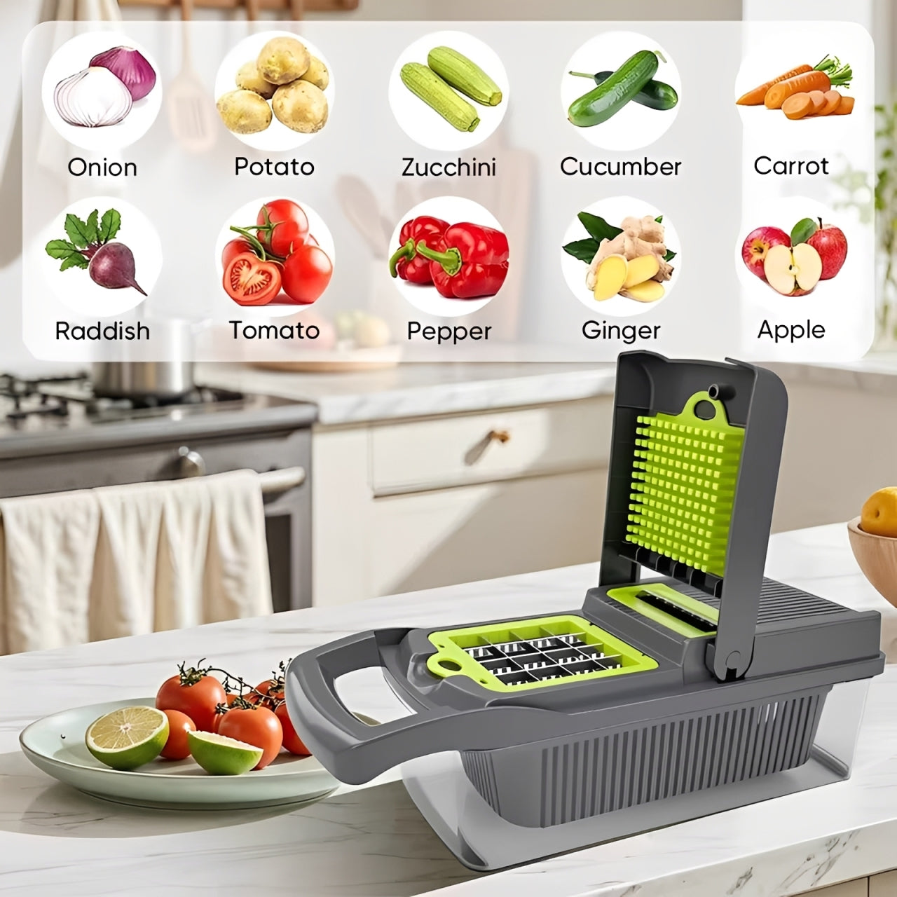 16-in-1 Multifunctional Vegetable Chopper & Slicer with Colander Basket and Storage Container – Heavy Duty Manual Food Cutter & Dicer