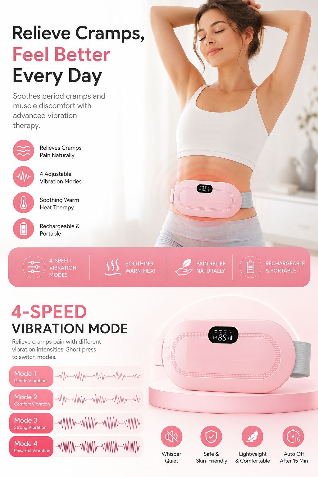Heating Pad Women Period Pain Cramp Relief Belt Portable Menstrual Heating Pad With 3 Heat Levels And 4 Modes Electric Belt Massage (Random Color)