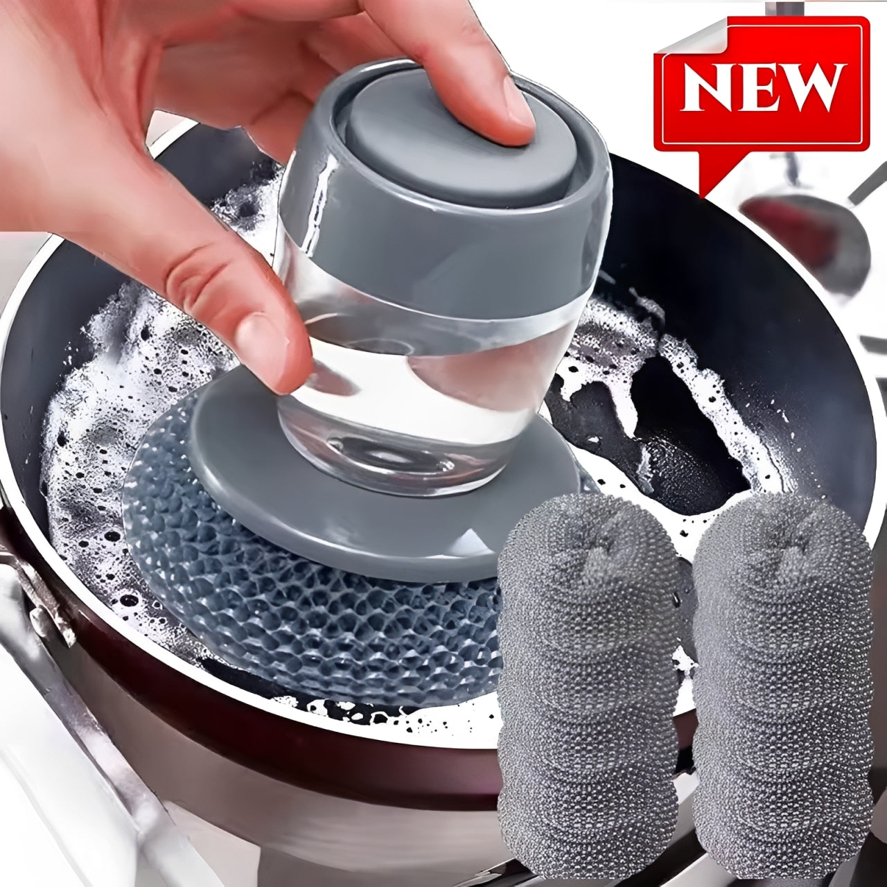 Soap Dispensing Kitchen Scrubber Brush with Steel Wire Ball