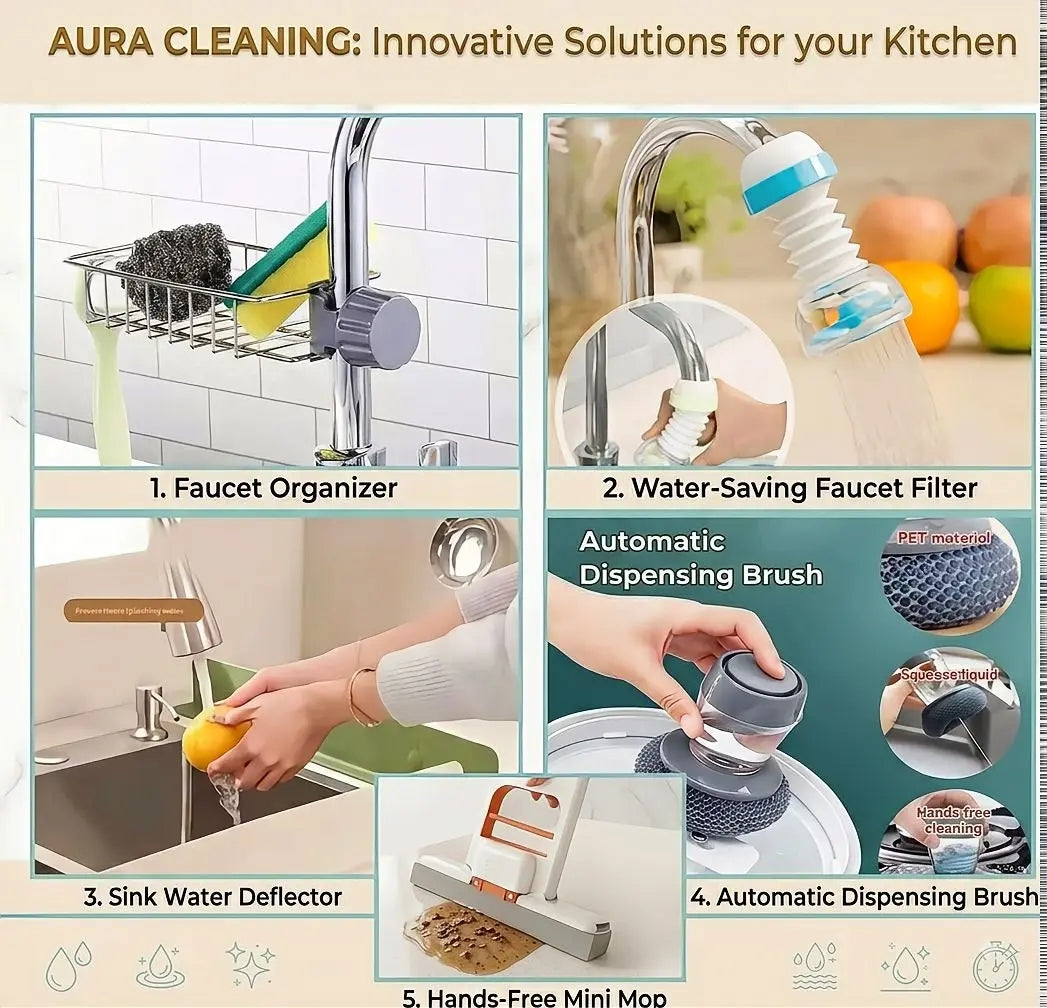 5-in-1 Ultimate Kitchen Cleaning & Sink Organizer Bundle – Faucet Extender, Soap Dispensing Scrubber, Faucet Caddy Rack, Splash Guard with suction cups & Mini Hand Squeeze Mop