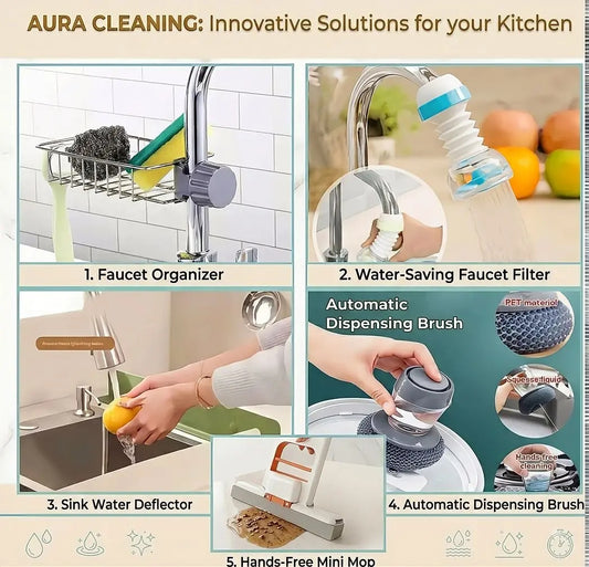 5-in-1 Ultimate Kitchen Cleaning & Sink Organizer Bundle – Faucet Extender, Soap Dispensing Scrubber, Faucet Caddy Rack, Splash Guard with suction cups & Mini Hand Squeeze Mop