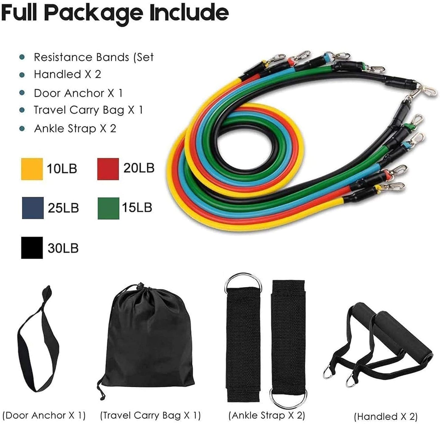 Resistance Bands Set | 11pcs Latex Pull Rope | With Door Anchor, Handles & Ankle Straps | Home & Gym Workout