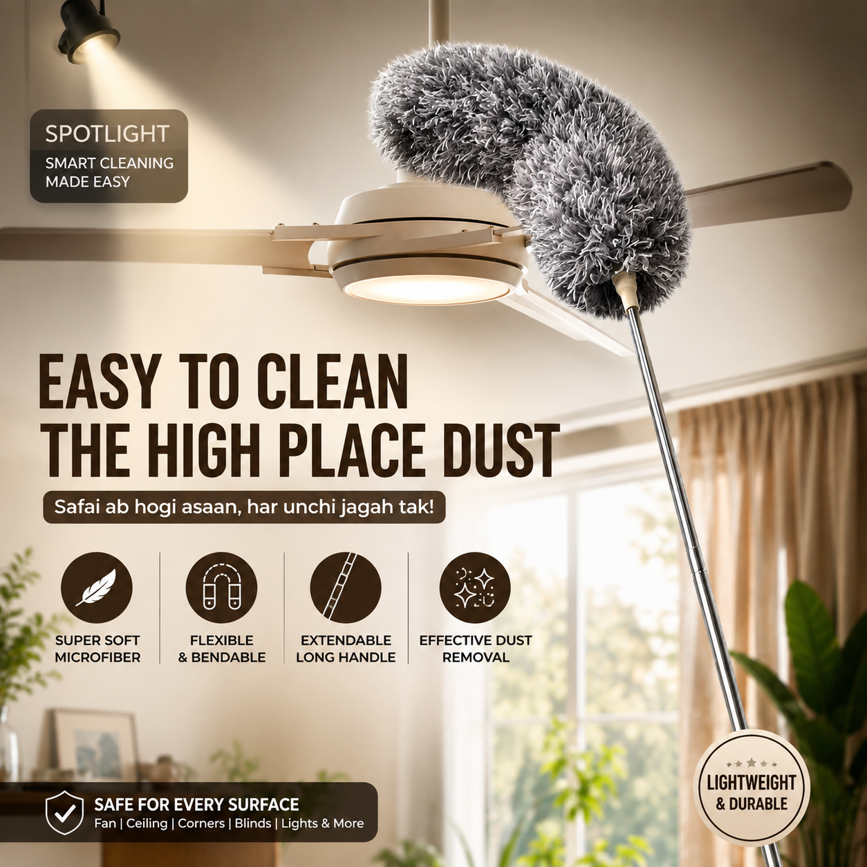 Grey Flexible Microfiber Duster – Bendable Long Reach Cleaning Brush for Home & Office