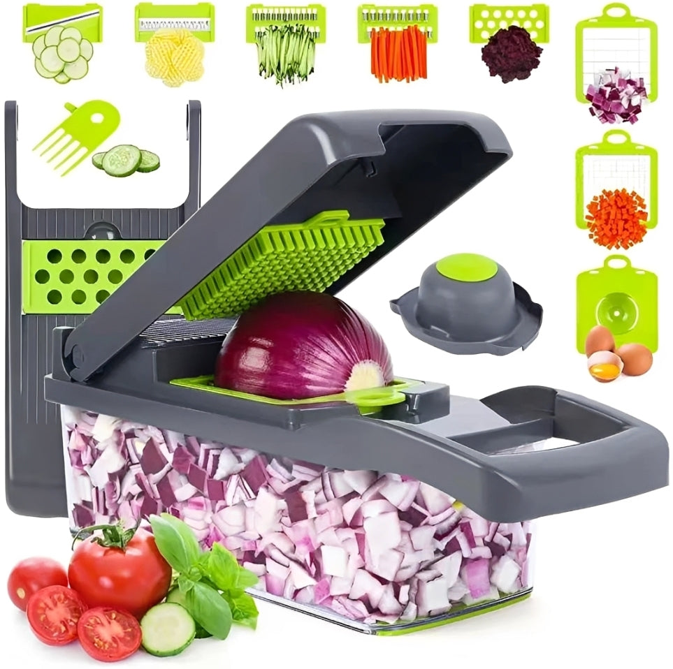 16-in-1 Multifunctional Vegetable Chopper & Slicer with Colander Basket and Storage Container – Heavy Duty Manual Food Cutter & Dicer