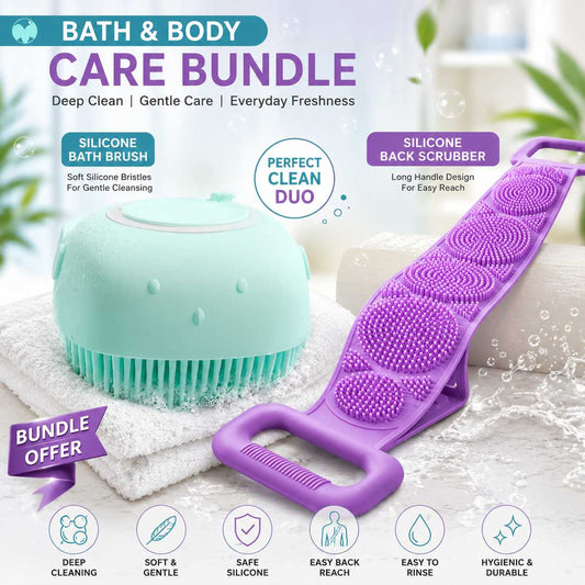 2-in-1 Silicone Bath Brush & Back Scrubber Combo Deal | Body Massage Bath Brush + Silicone Back Scrubber Belt