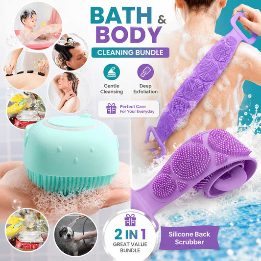 2-in-1 Silicone Bath Brush & Back Scrubber Combo Deal | Body Massage Bath Brush + Silicone Back Scrubber Belt